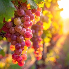 Close-up of bunches of ripe, pink grapes hanging from vines in a vineyard at sunset