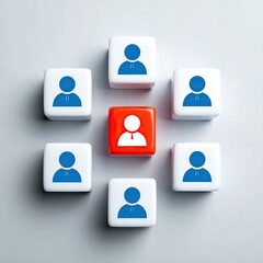 A central red cube with a person icon surrounded by six white cubes, each bearing a similar person icon.  The cubes are arranged symmetrically
