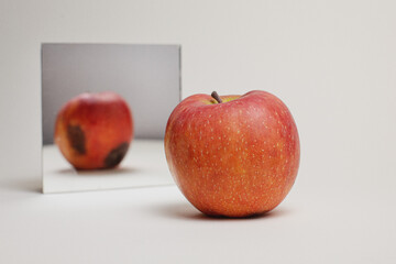 Conceptual photo of a perfect apple vs rotten mirror image
