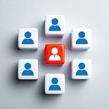 A central red cube with a person icon surrounded by six white cubes, each bearing a similar person icon.  The cubes are arranged symmetrically