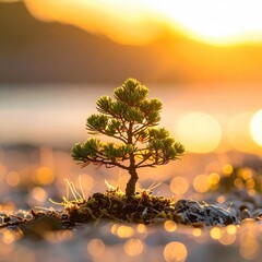 Tiny tree at sunset, bathed in golden light