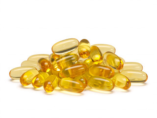 Fish oil capsules glistening on a white surface promote healthy lifestyle and wellness in a natural, organic way for supplement marketing