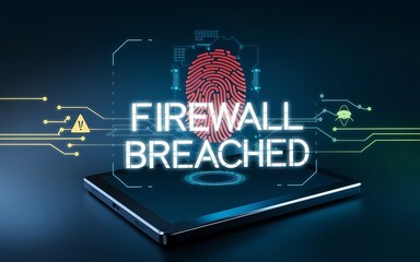 Firewall Breach Warning with Digital Fingerprint and Cyber Threat Interface Background