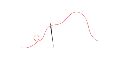 Sewing needle with a long red thread. Vector needle and red thread icon on a white background. Vector illustration. EPS 10 .