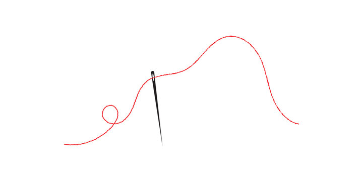 Sewing needle with a long red thread. Vector needle and red thread icon on a white background. Vector illustration. EPS 10 .