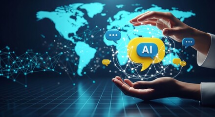 A person's hands cradling an AI icon, representing the integration of artificial intelligence into global business and communication networks