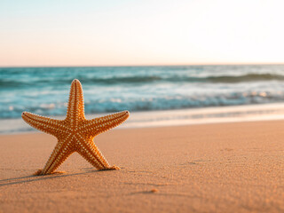 Dreamy golden starfish basking in the warm sunset glow on a tranquil beach, perfect for summer vacations and coastal getaways, serene and peaceful