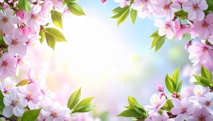 Obraz premium 新緑とパステルピンクの桜のフレーム、メッセージやデザインに最適な背景