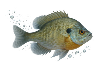 Fototapeta premium Bluegill sunfish, a freshwater fish, swimming with small bubbles, detailed and realistic. Transparent background
