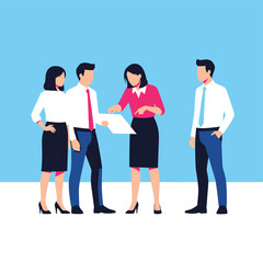 Obraz premium Team Business Meeting Vector Illustration, Blue Background, People Collaboration Discussion Pink White Attire