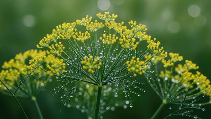 Close-up of a dill plant with delicate yellow flowers, covered in tiny water droplets