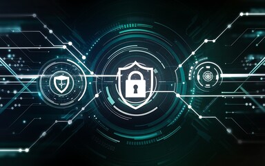 Digital Security Network with Hexagonal Icons and Data Protection Symbols Background