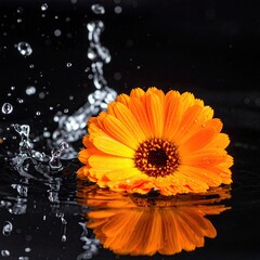 Orange flower in water splash