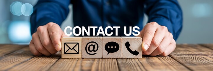 Contact us icons with email phone and message symbols on wooden table  

