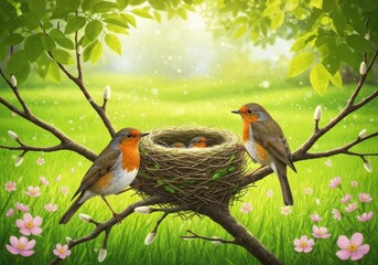 Nesting Birds in Blooming Meadow Surrounded by Greenery and Colorful Flowers in Springtime