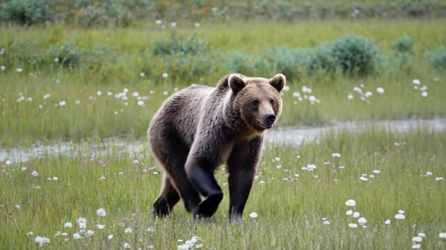 A brown bear walking through a field of white flowers in a grassy green environment outdoors bear video