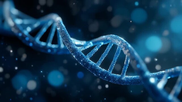 Stunning close-up of DNA helix structure with blue glowing particles against dark background