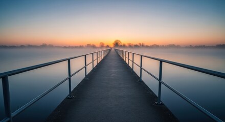 Ethereal morning walk serene bridge vanishing point in misty landscape