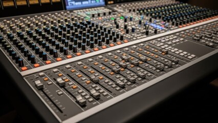 Close-up of a professional sound mixing console, showing faders, knobs, and meters