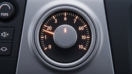 Close-up of car dashboard. A dial with illuminated markings, showing speed and functionality