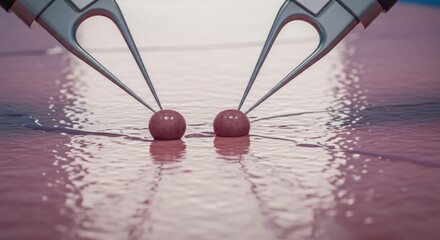 Precision work involving microspheres with specialized tools under meticulous examination