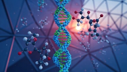 Close-up of DNA helix with floating molecular structures against a geometric backdrop