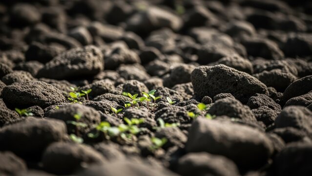 Close-up of dark, clumpy soil with tiny, vibrant green sprouts emerging