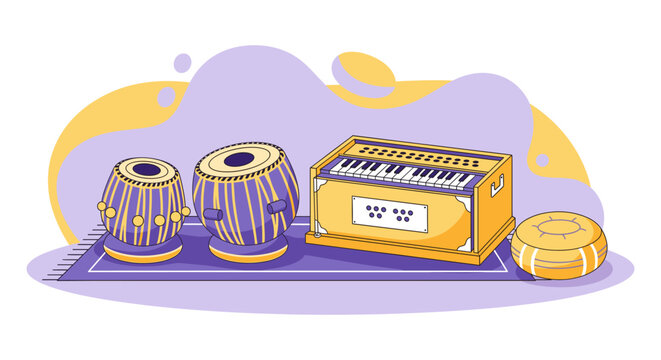Illustration of traditional Indian musical instruments including tabla, harmonium, and a cushion, on a purple and yellow background.