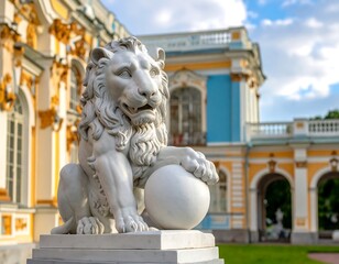 A majestic lion sculpture sits before a grand, ornate building with blue and gold accents, bathed in sunlight