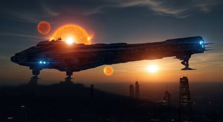 Spectacular interstellar cruiser hovers above a futuristic cityscape at sunset