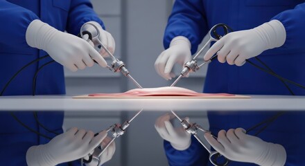 Precise robotic surgical procedure performed by two medical professionals with advanced instruments