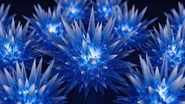 Close-up of multiple ice-blue, crystalline structures with sharp, radiant spikes on dark ground - Powered by Adobe