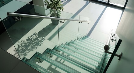 Obraz premium Modern transparent staircase with plant and sunlight casting shadow design