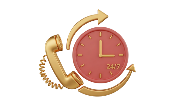 Golden vintage telephone handset circling a red clock face isolated on transparent background, png - Powered by Adobe