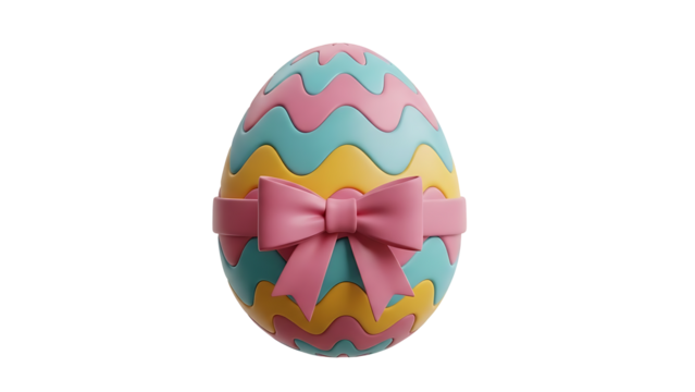 Colorful easter egg with pink ribbon bow isolated on transparent background, png