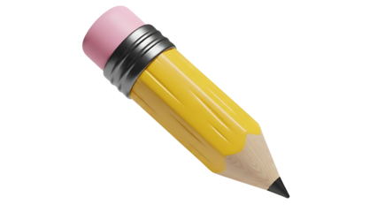 Yellow pencil with pink eraser isolated on transparent background, png