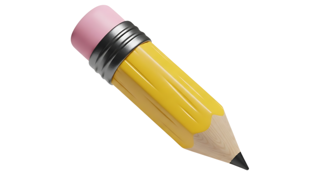 Yellow pencil with pink eraser isolated on transparent background, png