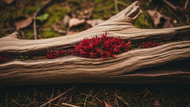 Close-up of vibrant red moss thriving within a weathered, fallen tree trunk
