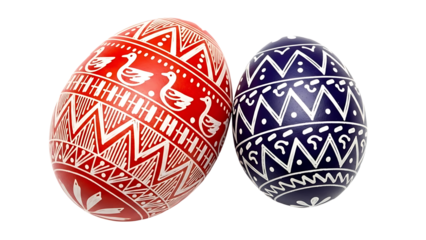 Two intricately decorated easter eggs with traditional folk art patterns isolated on transparent background, png