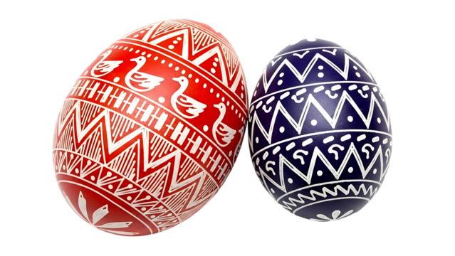 Two intricately decorated easter eggs with traditional folk art patterns isolated on transparent background, png - Powered by Adobe