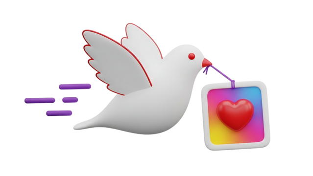 White dove carrying a colorful heart icon on a transparent background isolated on transparent background, png