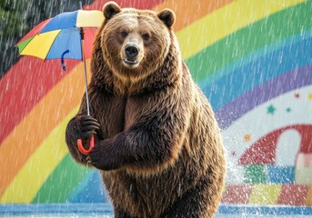 Grizzly Bear Holding Colorful Umbrella Under Rain with Rainbow Background in Playful Scene
