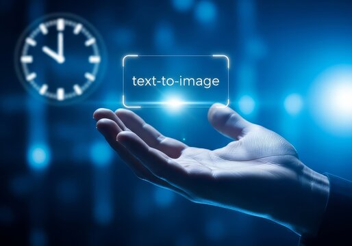A hand holding a text to image interface with a clock in the background on a blue background - Powered by Adobe