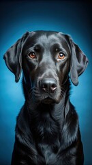Fototapeta premium A sleek black labrador dog gives a sassy sideeye gaze on a serene blue background