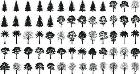 Tree silhouette collection, diverse tree shapes, botanical vector icons, landscape design elements, foliage variations, nature illustration set, black tree forms © Asia