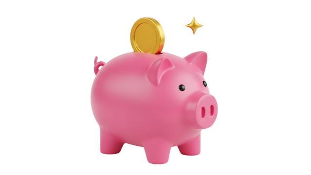 Pink piggy bank with golden coin and sparkling star isolated on transparent background, png