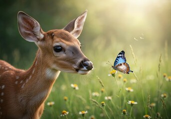 Young deer captivated by butterfly in vibrant meadow with wildflowers at golden hour