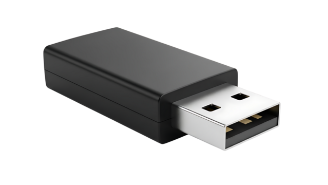 Black usb adapter connector for data transfer and charging isolated on transparent background, png