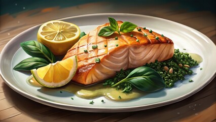 A delectable grilled salmon fillet garnished with a zesty lemon butter sauce and wilted spinach leaves