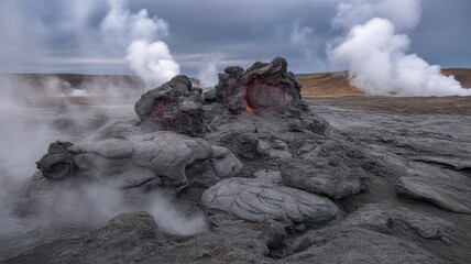 Active volcanic landscape, glowing lava flow, steaming vents